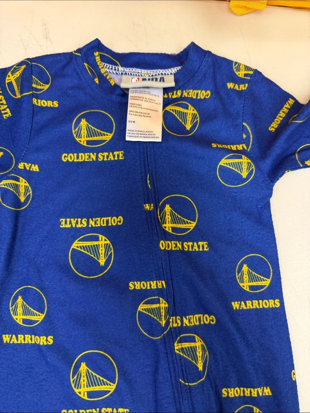 Golden State Warriors Blue & Yellow Baby One-Piece Pajamas size 0-3 months new